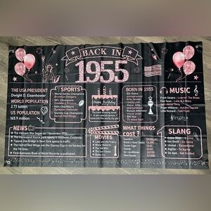 Birthday Decorations Back in 1955 Banner Rose Gold Black Celebration Plus Trivia